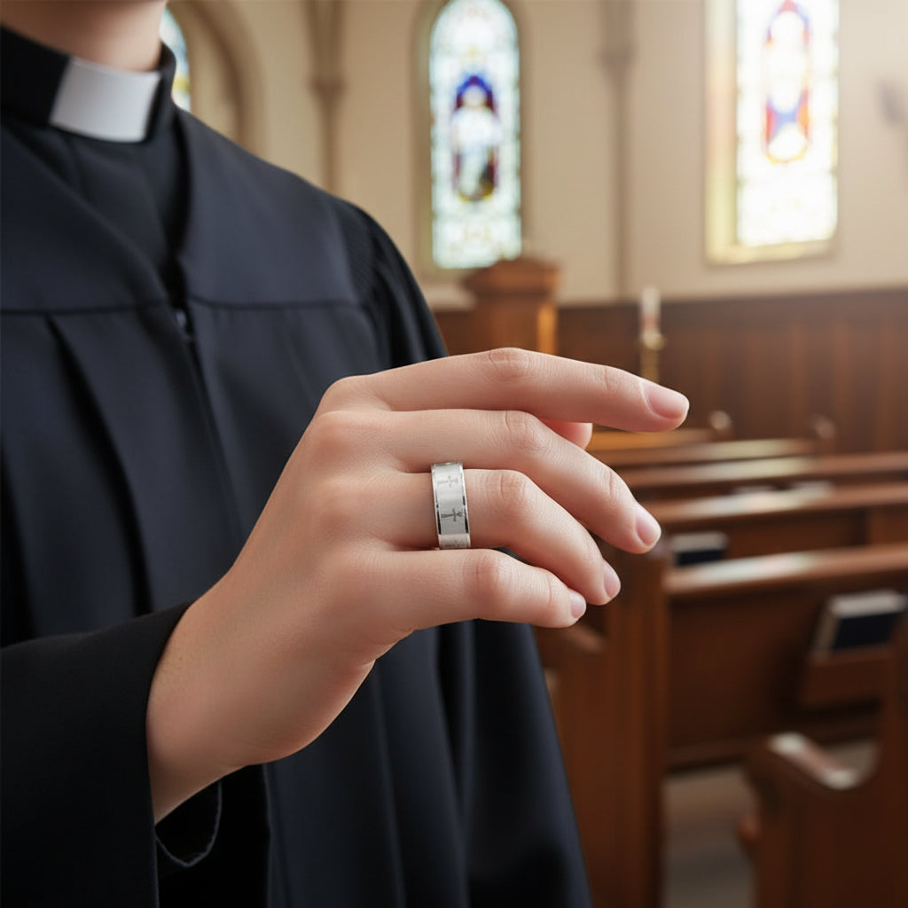Laser Engraved Cross Tungsten Wedding Band