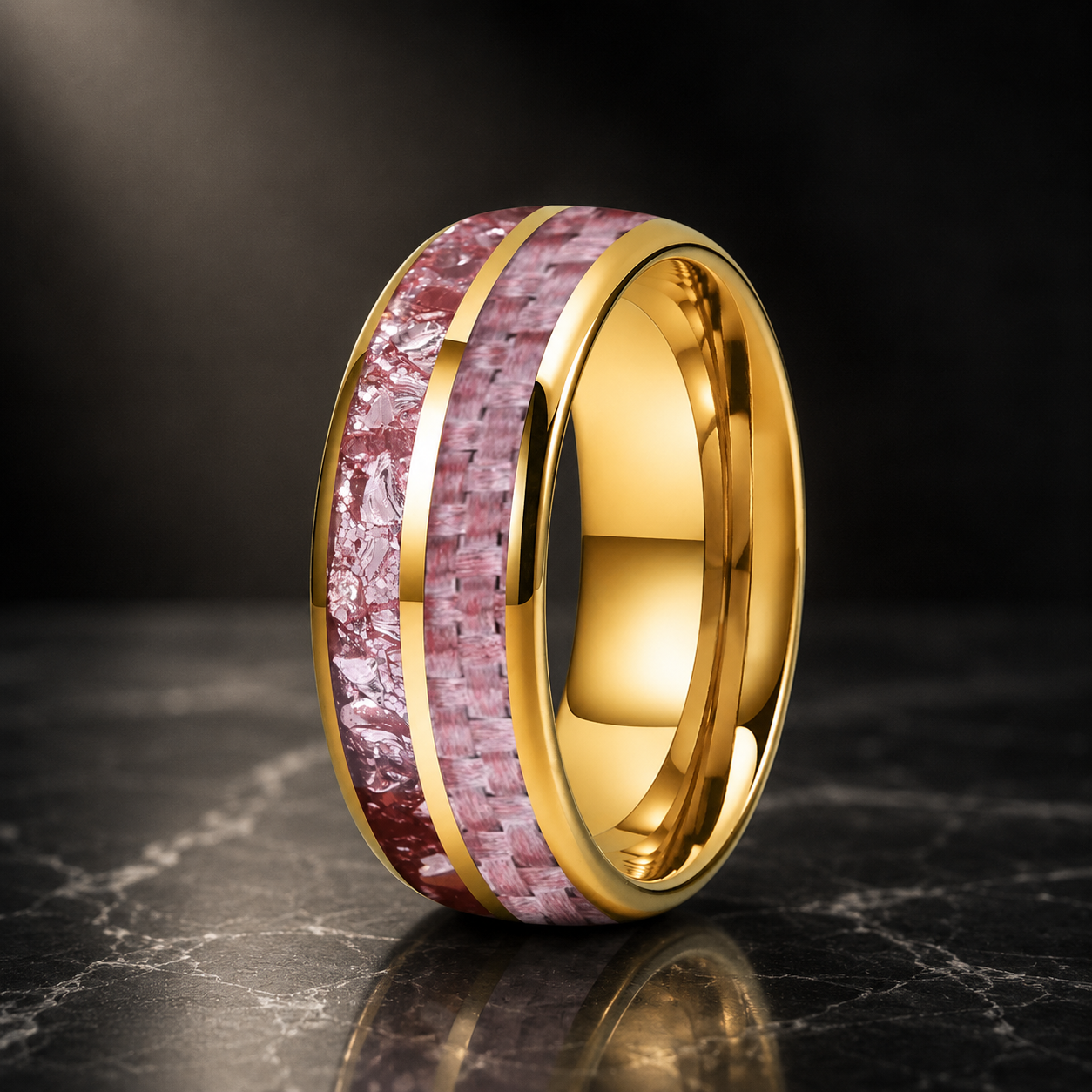 Tungsten Ring with Pink Morganite & Carbon Fiber Inlay