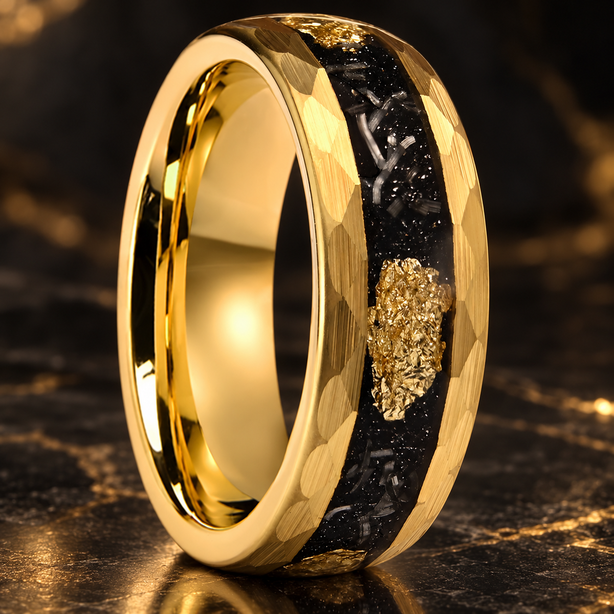 Hammered Tungsten Ring with Gold Foil & Meteorite Inlay