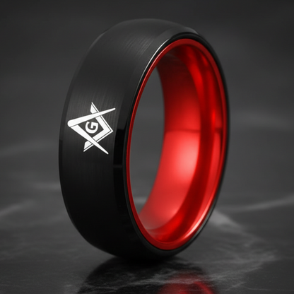 8mm Black and Red Masonic Tungsten Ring