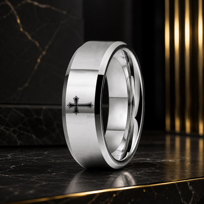 Matte Beveled Tungsten Cross Ring with Laser Engraving