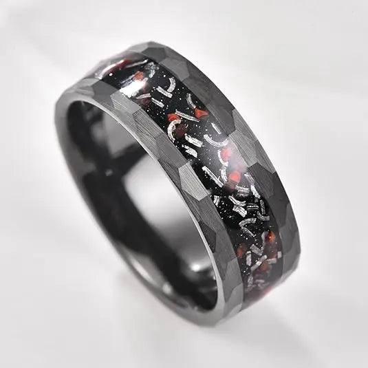 Matte Black Hammered Meteorite Tungsten Carbide Ring
