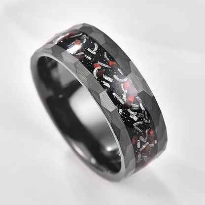 Matte Black Hammered Meteorite Tungsten Carbide Ring