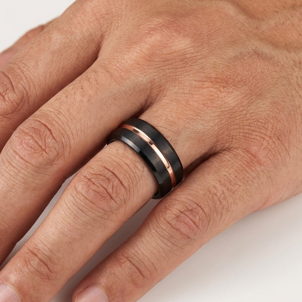 Matte Black Bevel Tungsten Wedding Band with Rose Groove