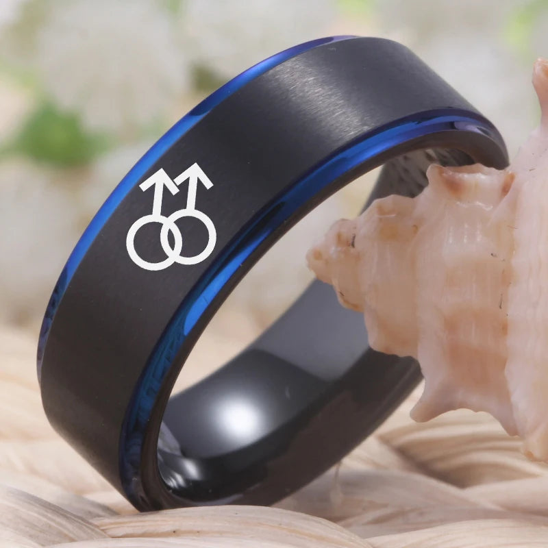 Matte Black & Blue Tungsten Ring – Gay Symbol