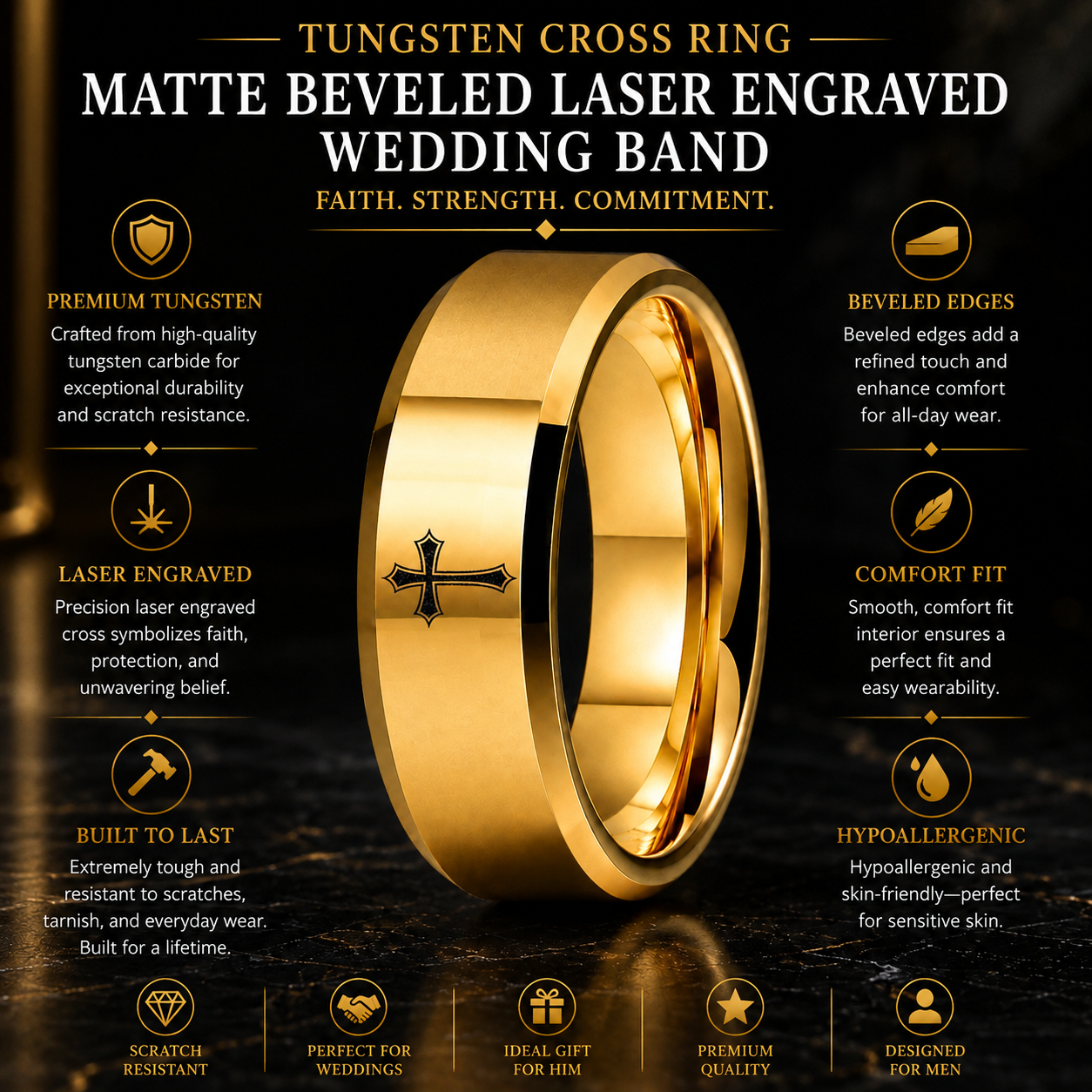 Matte Beveled Tungsten Cross Ring with Laser Engraving