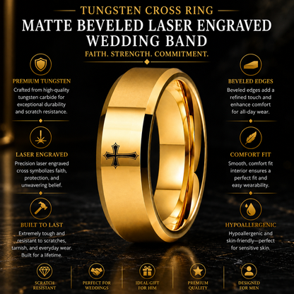 Matte Beveled Tungsten Cross Ring with Laser Engraving