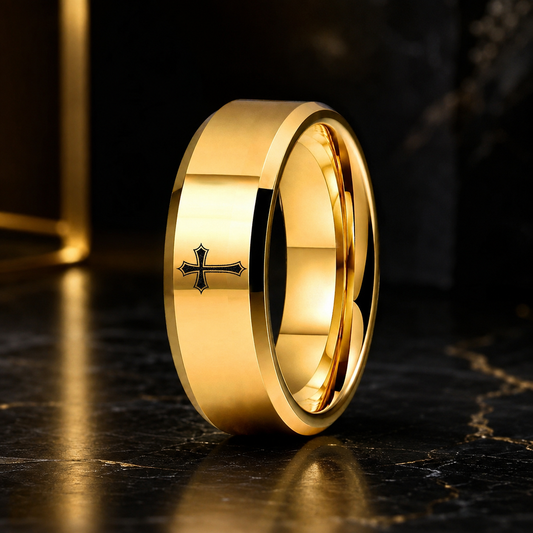 Matte Beveled Tungsten Cross Ring with Laser Engraving