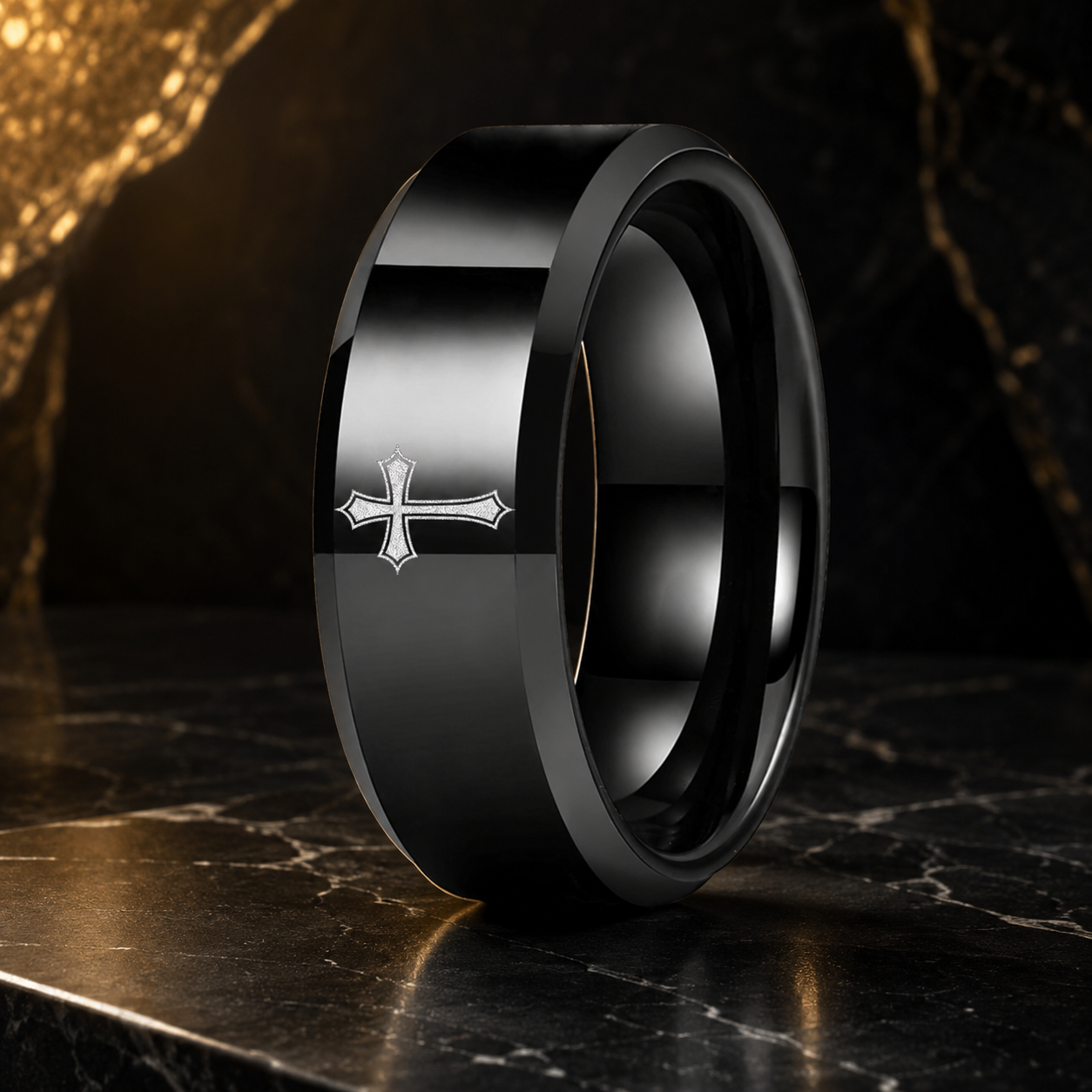 Matte Beveled Tungsten Cross Ring with Laser Engraving