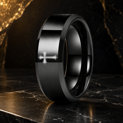 Matte Beveled Tungsten Cross Ring with Laser Engraving