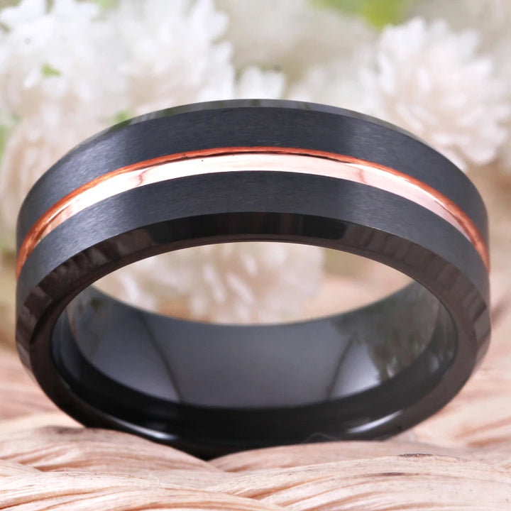 Matte Black Bevel With Rose Groove Tungsten Ring