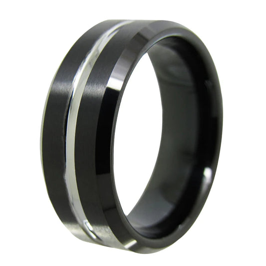 Matte Black Bevel Silver Groove Tungsten Ring