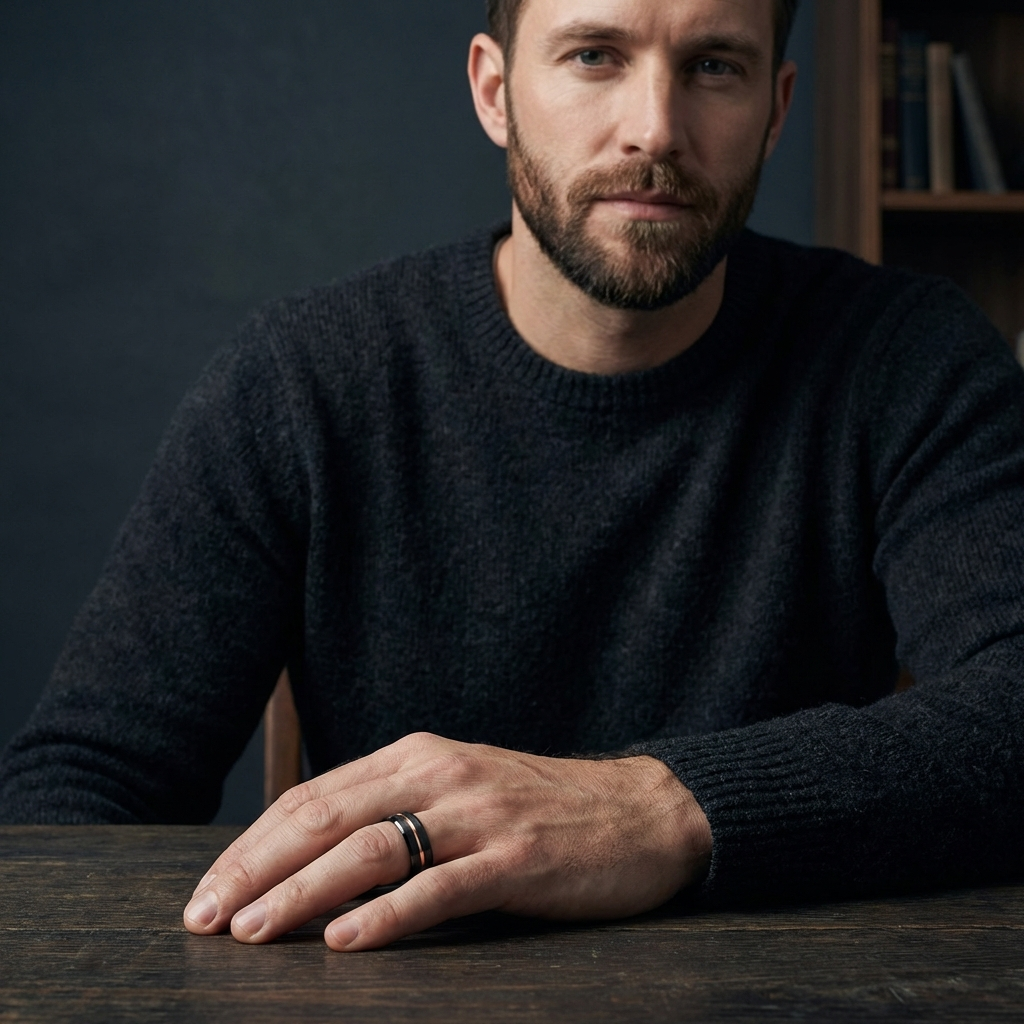 Matte Black Bevel Tungsten Wedding Band with Rose Groove