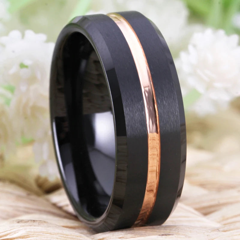 Matte Black Bevel With Rose Groove Tungsten Ring