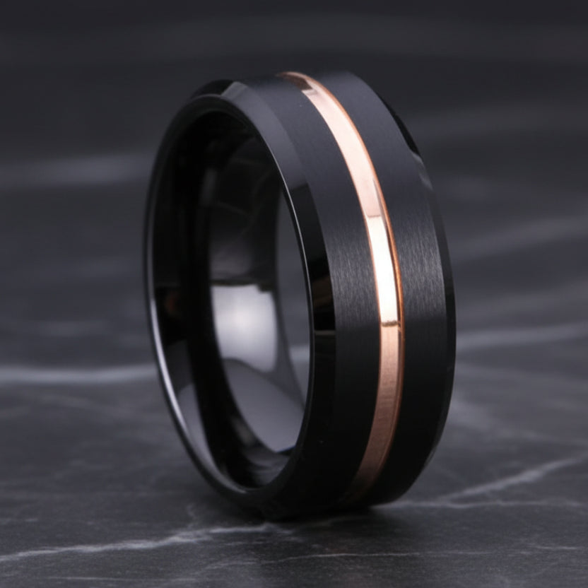 Matte Black Bevel With Rose Groove Tungsten Ring