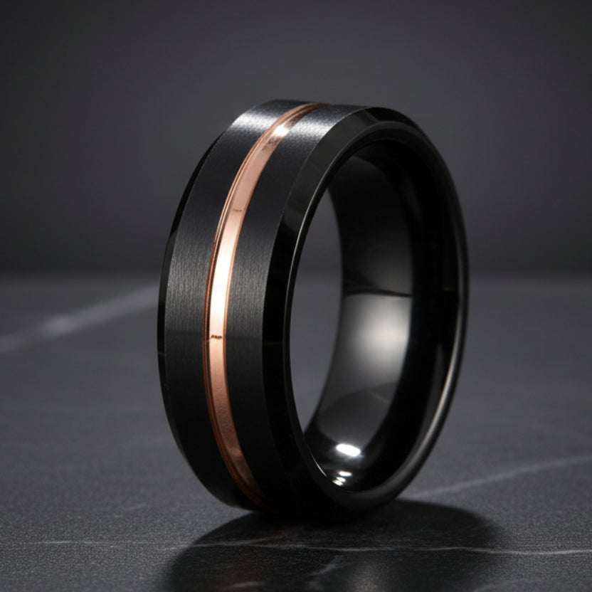 Matte Black Bevel With Rose Groove Tungsten Ring