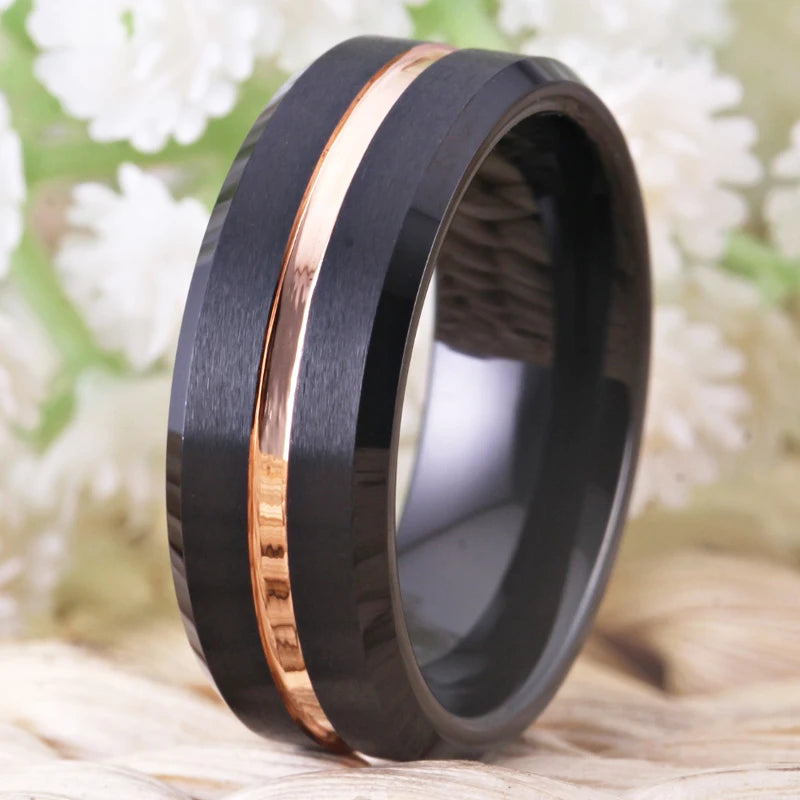 Matte Black Bevel With Rose Groove Tungsten Ring