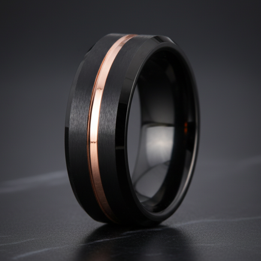 Matte Black Bevel Tungsten Wedding Band with Rose Groove