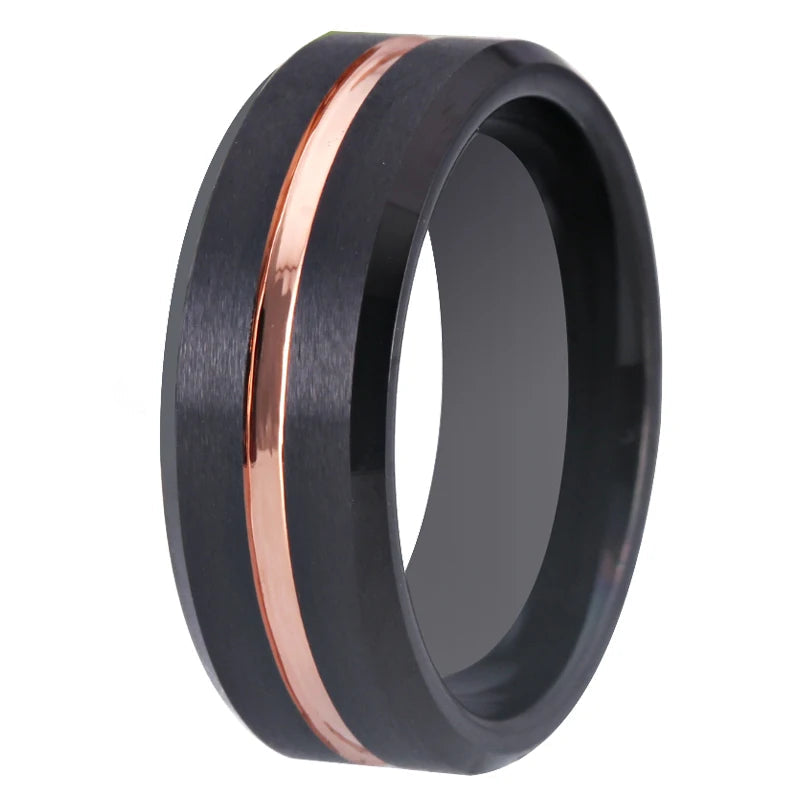 Matte Black Bevel With Rose Groove Tungsten Ring