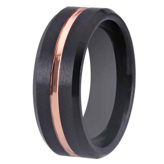Matte Black Bevel With Rose Groove Tungsten Ring