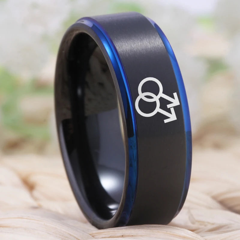 Matte Black & Blue Tungsten Ring – Gay Symbol