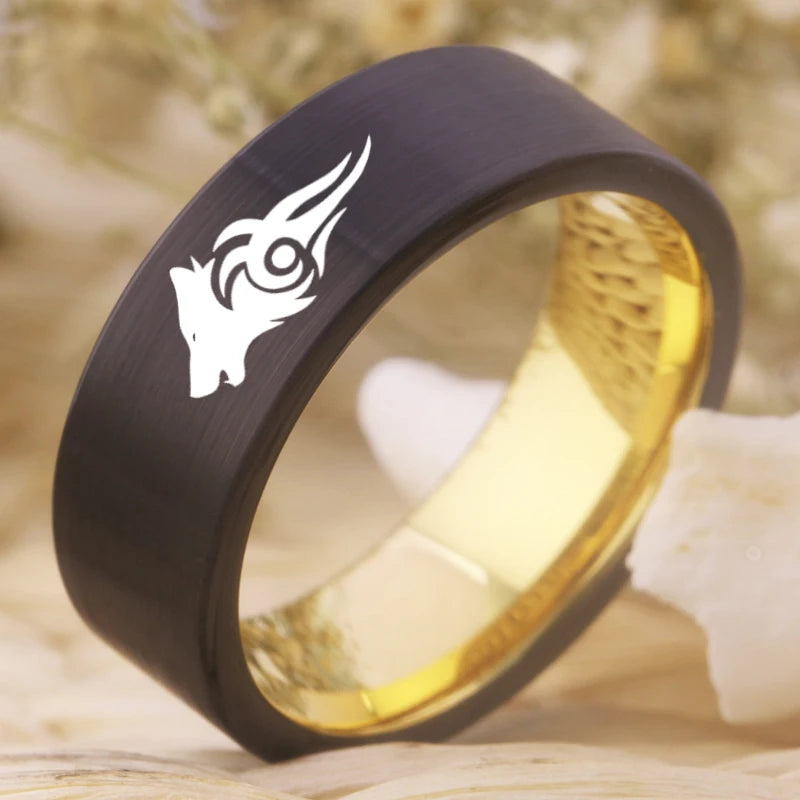 Matte Black Golden Inside Tungsten Wolf Ring