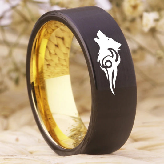 Matte Black Golden Inside Tungsten Wolf Ring