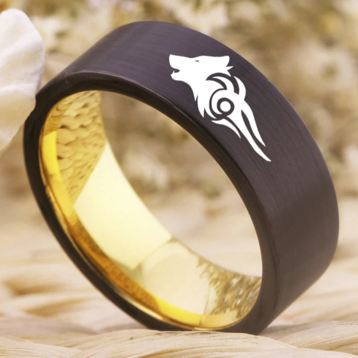 Matte Black Golden Inside Tungsten Wolf Ring