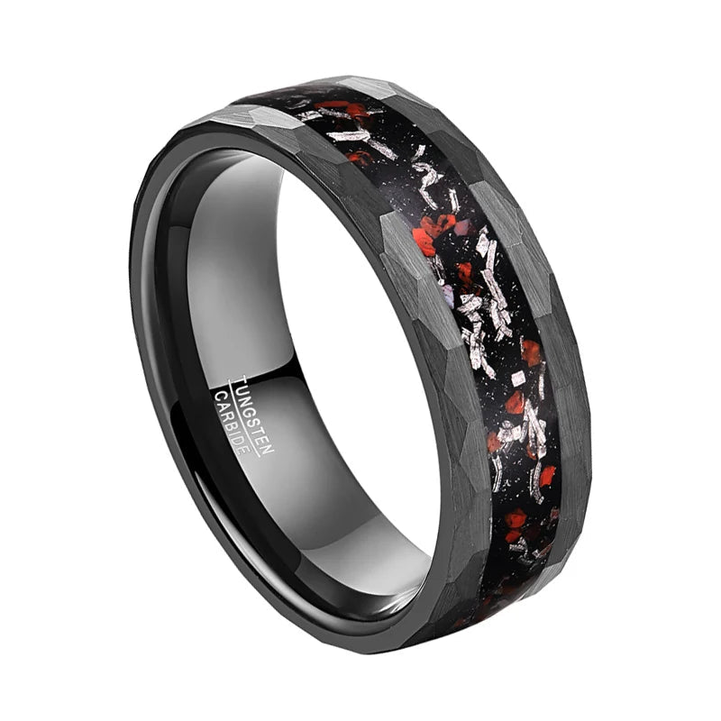 Matte Black Hammered Meteorite Tungsten Carbide Ring