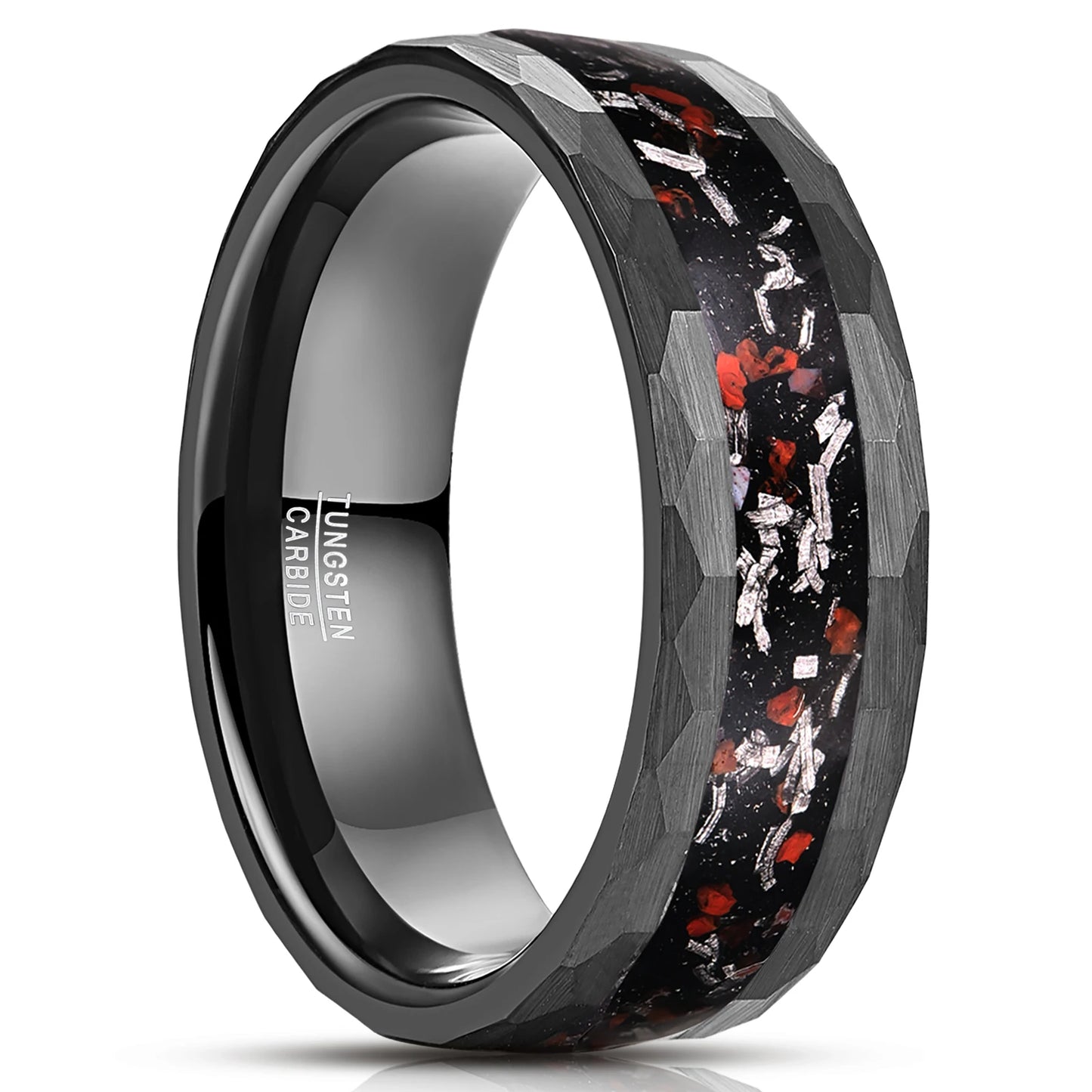 Matte Black Hammered Meteorite Tungsten Carbide Ring