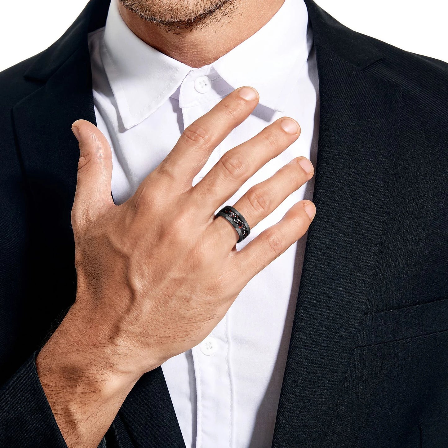 Matte Black Hammered Meteorite Tungsten Carbide Ring