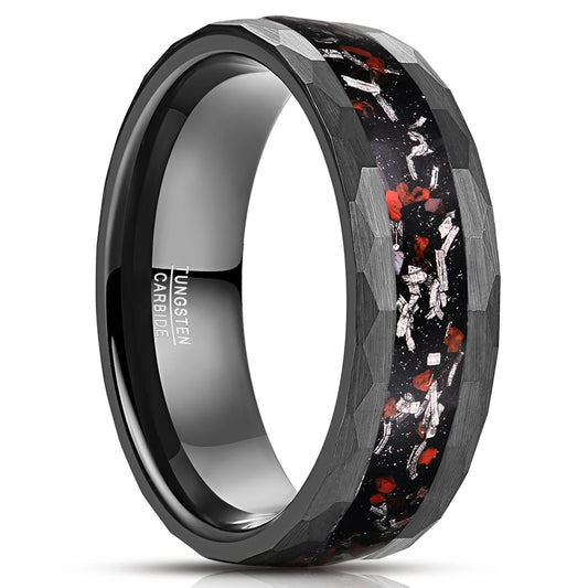 Matte Black Hammered Meteorite Tungsten Carbide Ring