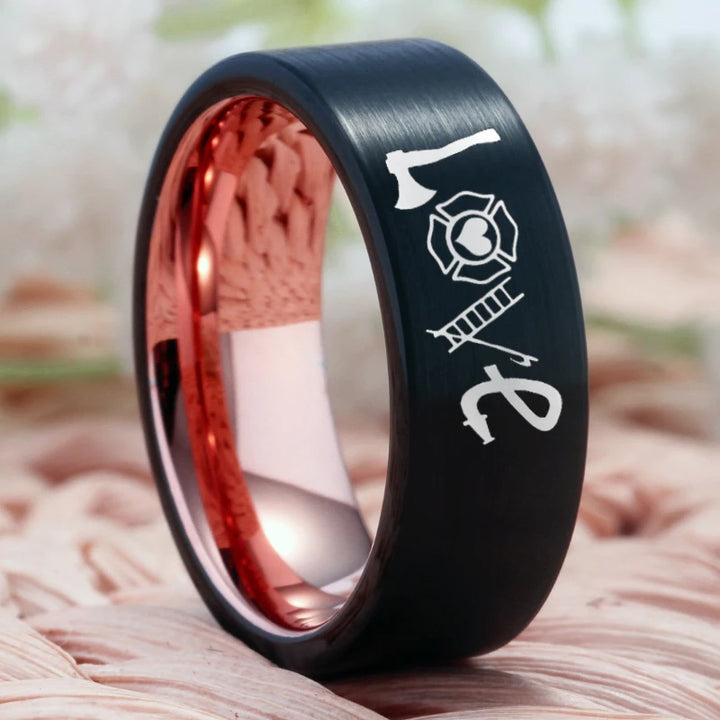 Matte Black With Rose tungsten Ring – Firefighter Love Design,