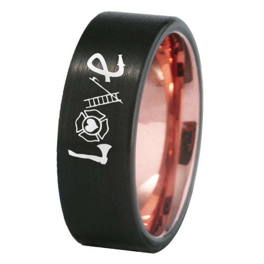 Matte Black With Rose tungsten Ring – Firefighter Love Design,