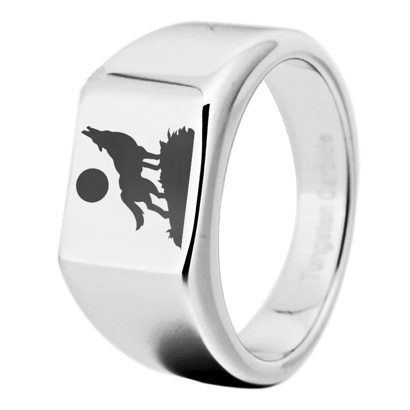 Men's 12mm Silver wolf Tungsten Ring