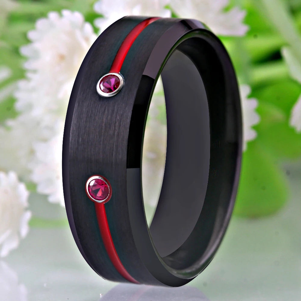 Men's Black Tungsten Ring With Red Groove CZ