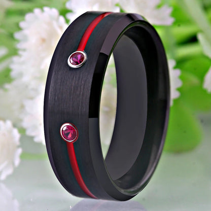 Men's Black Tungsten Ring With Red Groove CZ