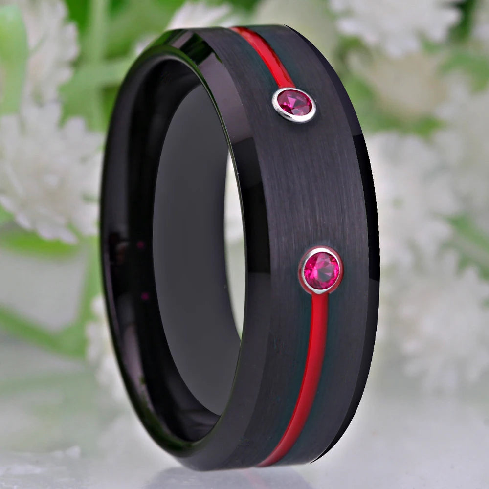 Men's Black Tungsten Ring With Red Groove CZ