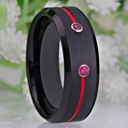 Men's Black Tungsten Ring With Red Groove CZ