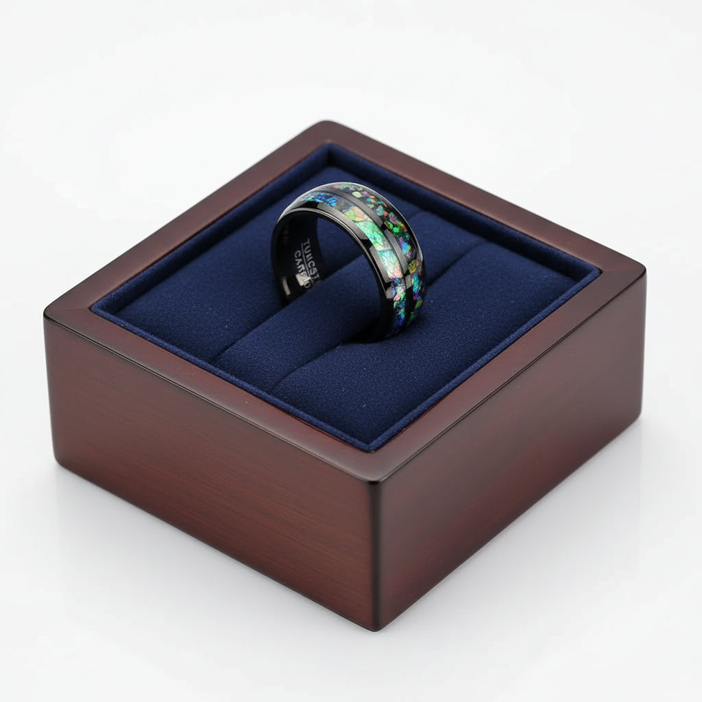 Men’s Black Tungsten Ring with Opal & Shell Inlay