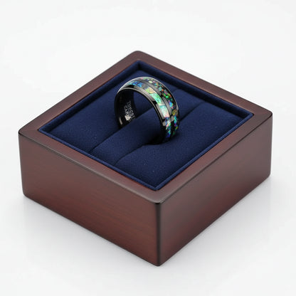 Men’s Black Tungsten Ring with Opal & Shell Inlay