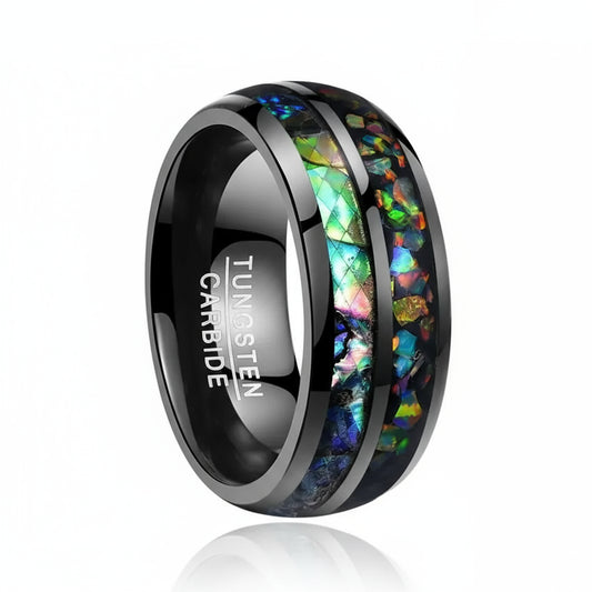 Men’s Black Tungsten Ring with Opal & Shell Inlay