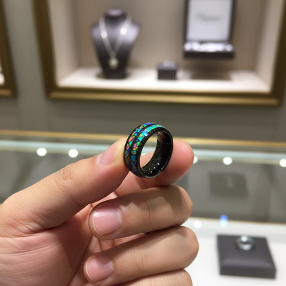 Men’s Black Tungsten Ring with Opal & Shell Inlay