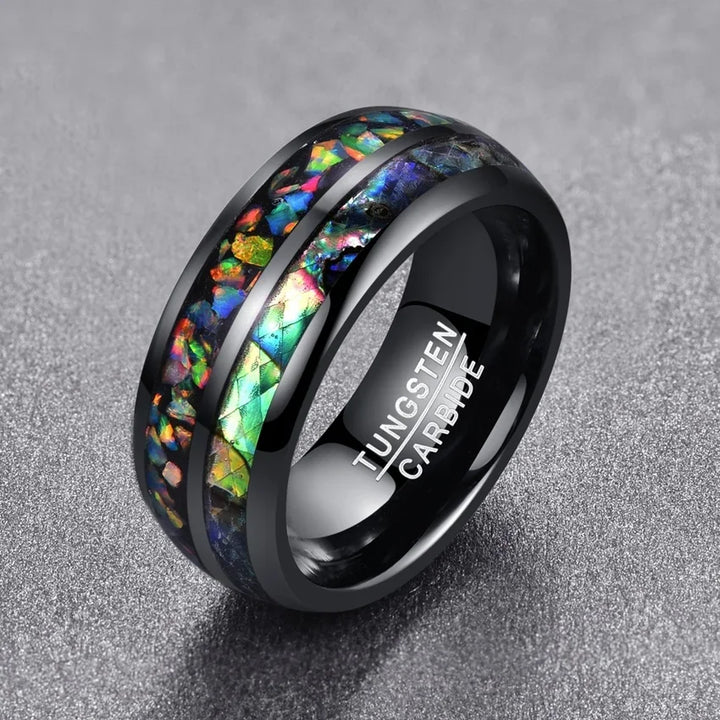 Men’s Black Tungsten Ring with Opal & Shell Inlay