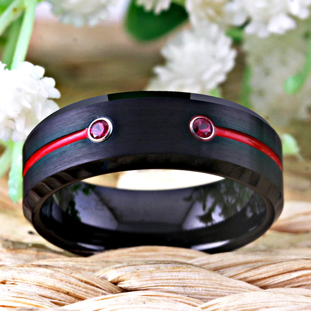 Men's Black Tungsten Ring With Red Groove CZ