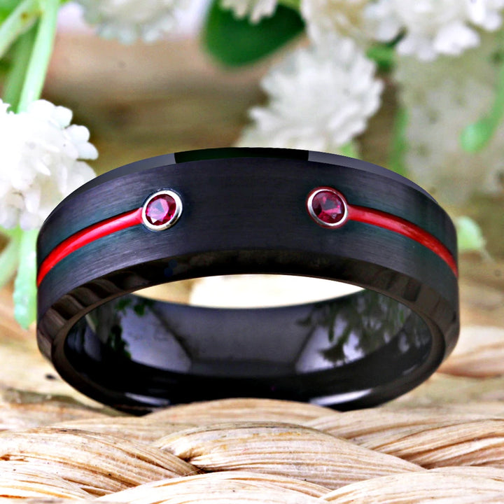 Men's Black Tungsten Ring With Red Groove CZ