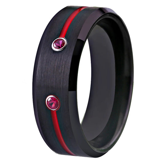 Men's Black Tungsten Ring With Red Groove CZ