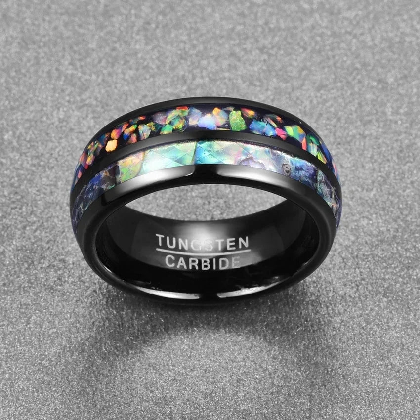 Men’s Black Tungsten Ring with Opal & Shell Inlay