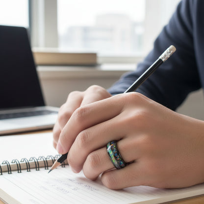Men’s Black Tungsten Ring with Opal & Shell Inlay