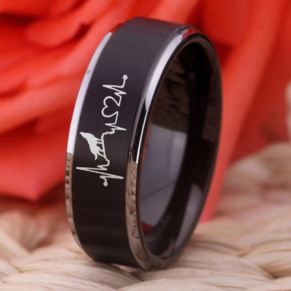 Men’s Black Tungsten Wolf Ring – Heartbeat & Howling Wolf Design